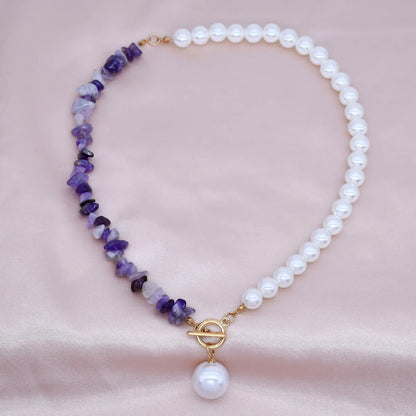 New Pearl Stitching Asymmetrical Amethyst Crystal Gravel Clavicle Chain