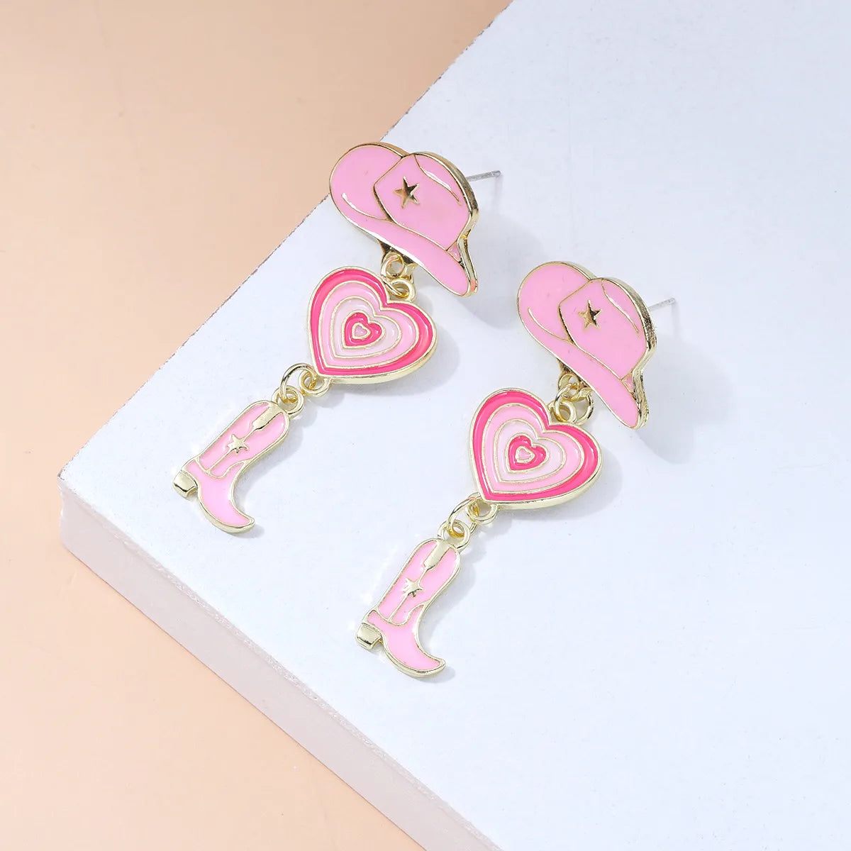 New Pink Valentine's Day Fashionable Gradient Heart Cowboy Boots Hat Earrings