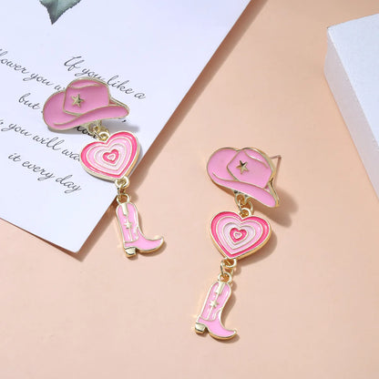 New Pink Valentine's Day Fashionable Gradient Heart Cowboy Boots Hat Earrings