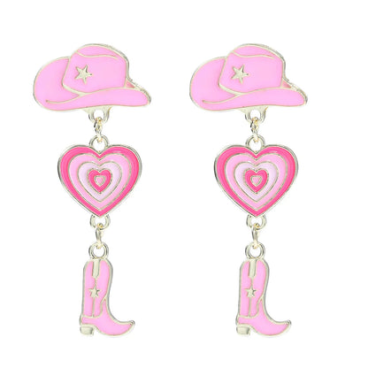 New Pink Valentine's Day Fashionable Gradient Heart Cowboy Boots Hat Earrings