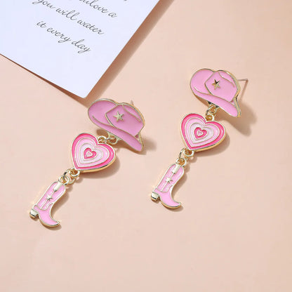 New Pink Valentine's Day Fashionable Gradient Heart Cowboy Boots Hat Earrings