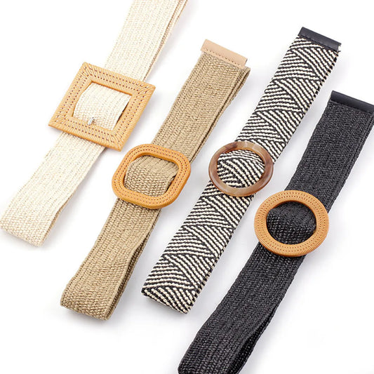 New Pp Straw Woven  Round Buckles Fashion Casual Decoration All-Match Trousers Elastic Belt