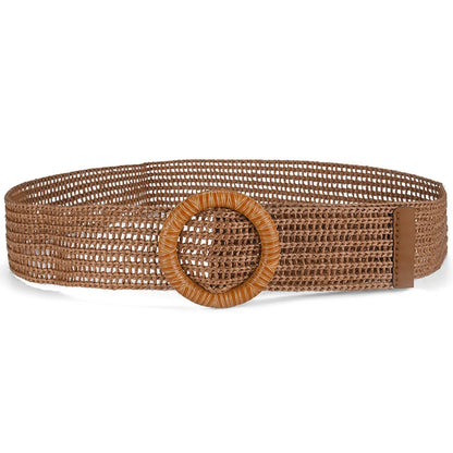 New Pp Straw Woven  Round Buckles Fashion Casual Decoration All-Match Trousers Elastic Belt