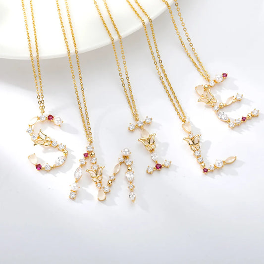 Cross-border Ins New Fashion 26 Letter Necklace Female Color Zircon Letter Butterfly Inlaid Opal Necklace