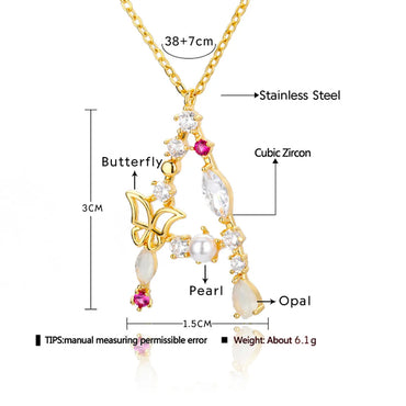 Cross-border Ins New Fashion 26 Letter Necklace Female Color Zircon Letter Butterfly Inlaid Opal Necklace