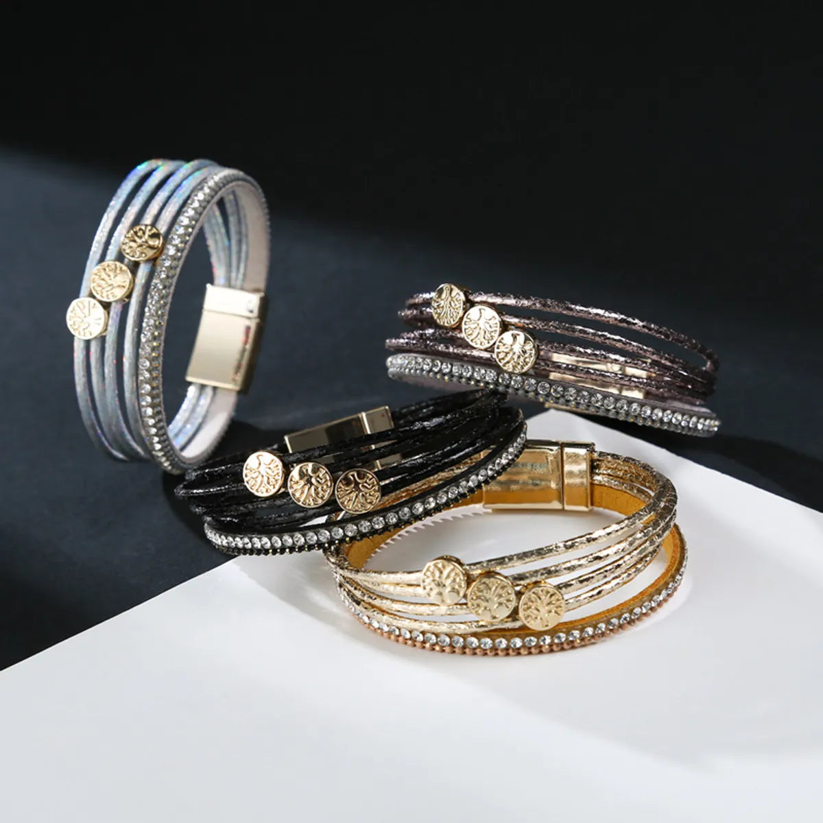 New Pu Leather Multi-Piece Diamond Bracelet