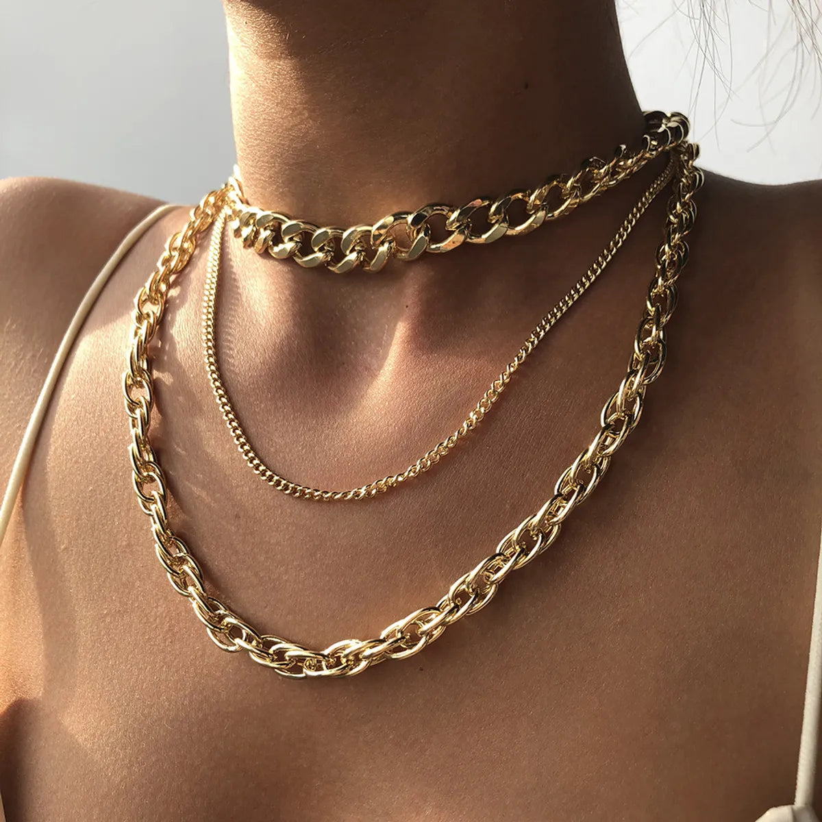 New Punk Style Simple  Metal Texture Multilayer Thick Chain Necklace