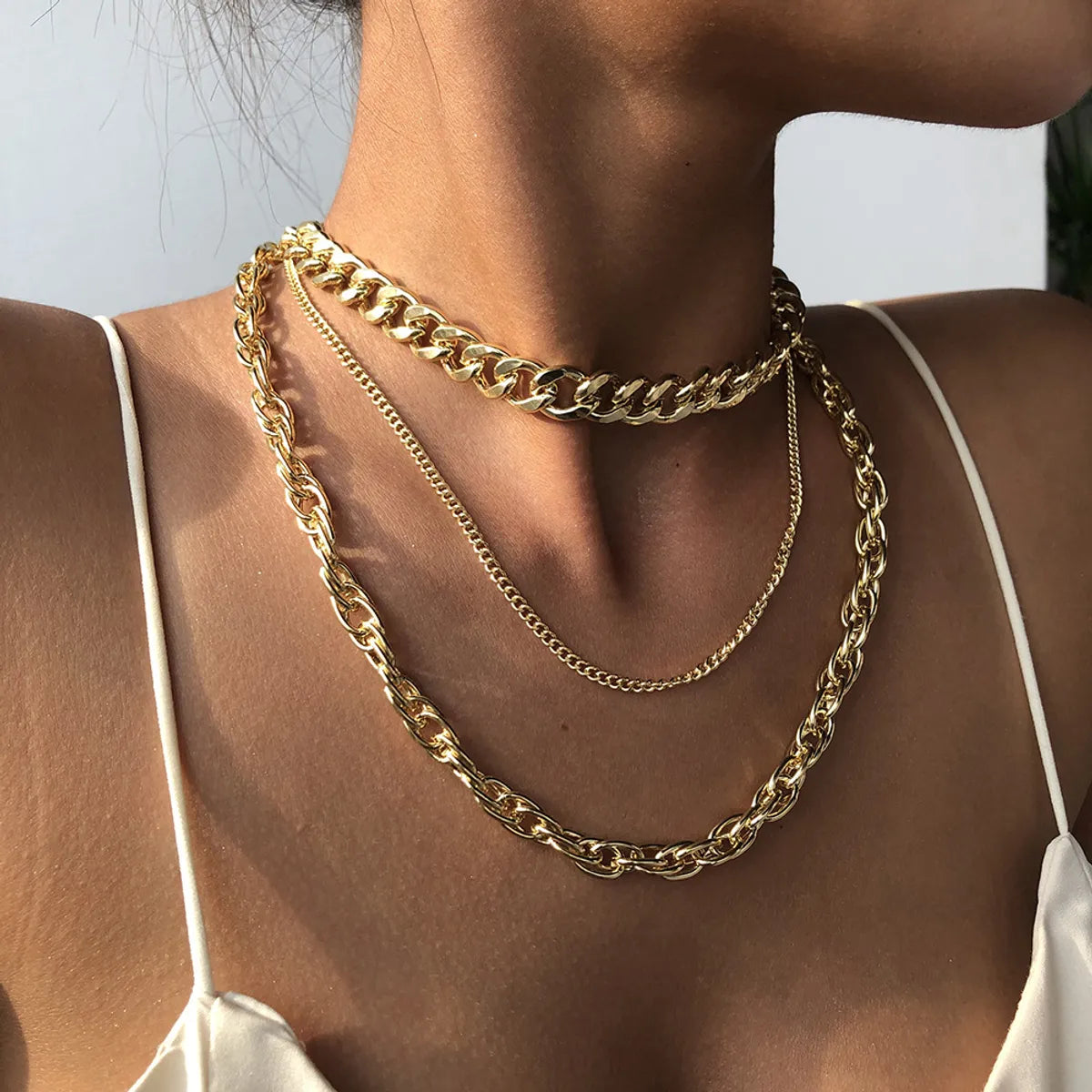 New Punk Style Simple  Metal Texture Multilayer Thick Chain Necklace