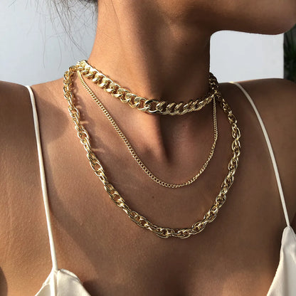 New Punk Style Simple  Metal Texture Multilayer Thick Chain Necklace