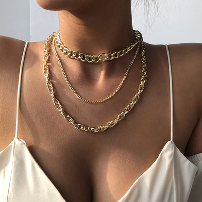 New Punk Style Simple  Metal Texture Multilayer Thick Chain Necklace