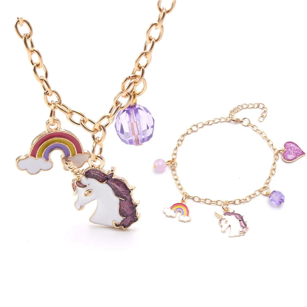 New Purple Unicorn Children'S Alloy Pendant Chain Children'S Necklace Bracelet Set