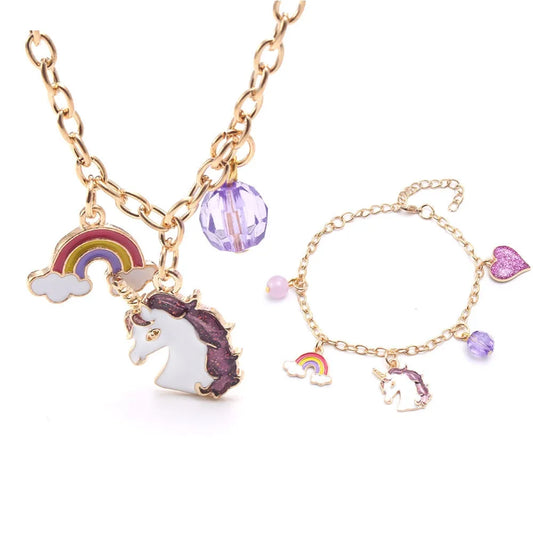 New Purple Unicorn Children'S Alloy Pendant Chain Children'S Necklace Bracelet Set