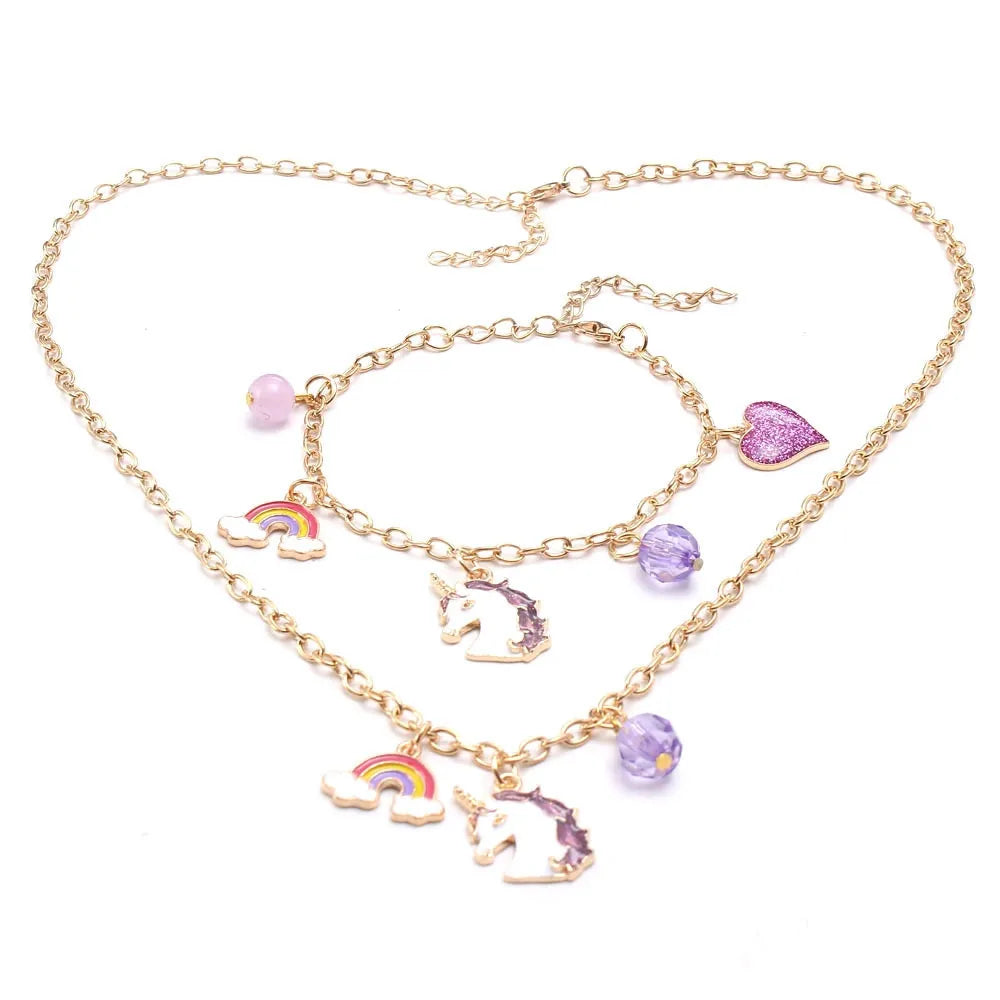 New Purple Unicorn Children'S Alloy Pendant Chain Children'S Necklace Bracelet Set