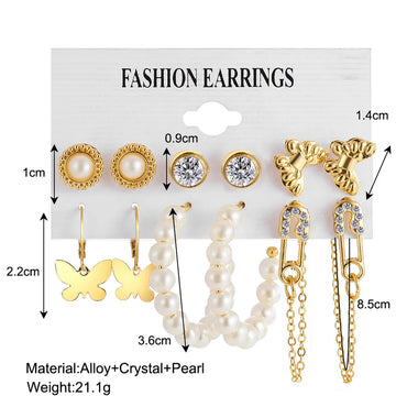 New Retro Butterfly Earrings Set 6 Pairs Creative Gender Needle Chain Alloy