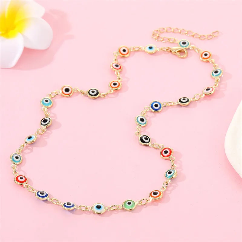 New Retro Color Eye Necklace Bracelet Demon Eye Clavicle Chain