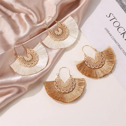 New Retro Exaggerated Fan-shaped Lace Patter Ethnic Style New Tassel Earrings Wholesale