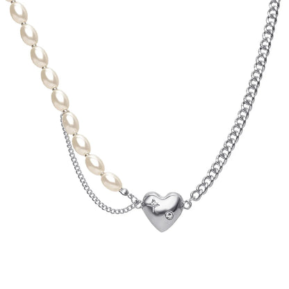 New Retro Pearl Simple Stitching Pearl Chain Heart Pendant Necklace