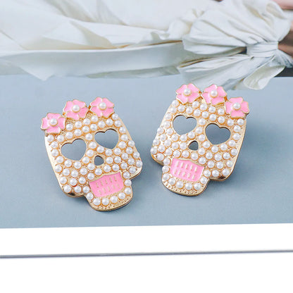 New Retro Pink Skull Earrings Inlaid Pearl Earrings