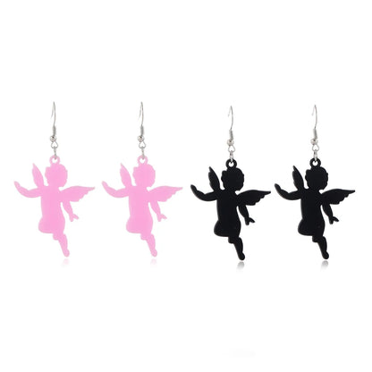 New Silver Ear Hook Pink Black Acrylic Little Angel Pendant Earrings Set