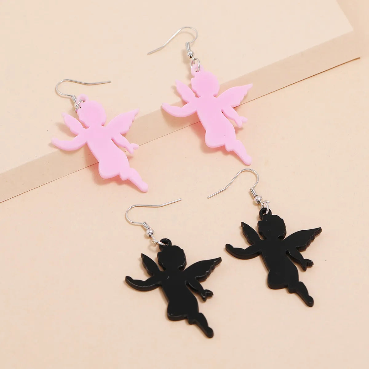 New Silver Ear Hook Pink Black Acrylic Little Angel Pendant Earrings Set