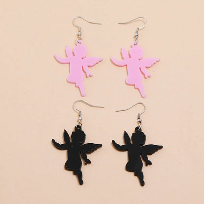 New Silver Ear Hook Pink Black Acrylic Little Angel Pendant Earrings Set