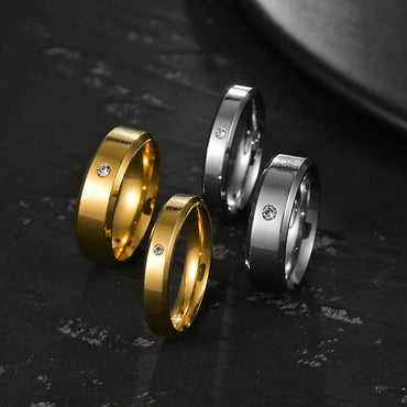 New Simple Double Beveled Edge Gold-plated Stainless Steel Inlaid Zircon Couple Ring