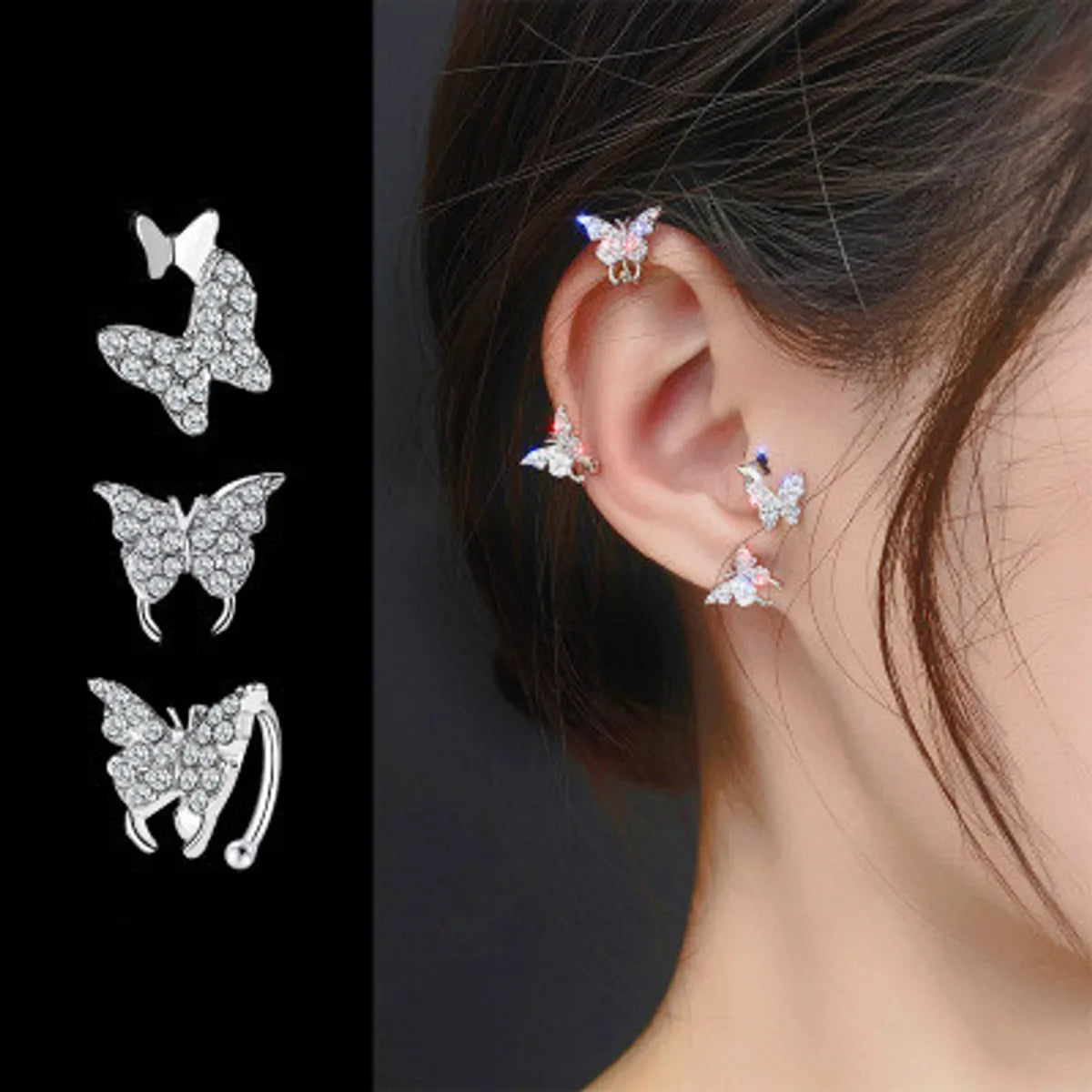 New Simple Rhinestone Earrings Butterfly Earrings Ladies Two Butterfly Earrings Ear Clip Wholesale Nihaojewelry