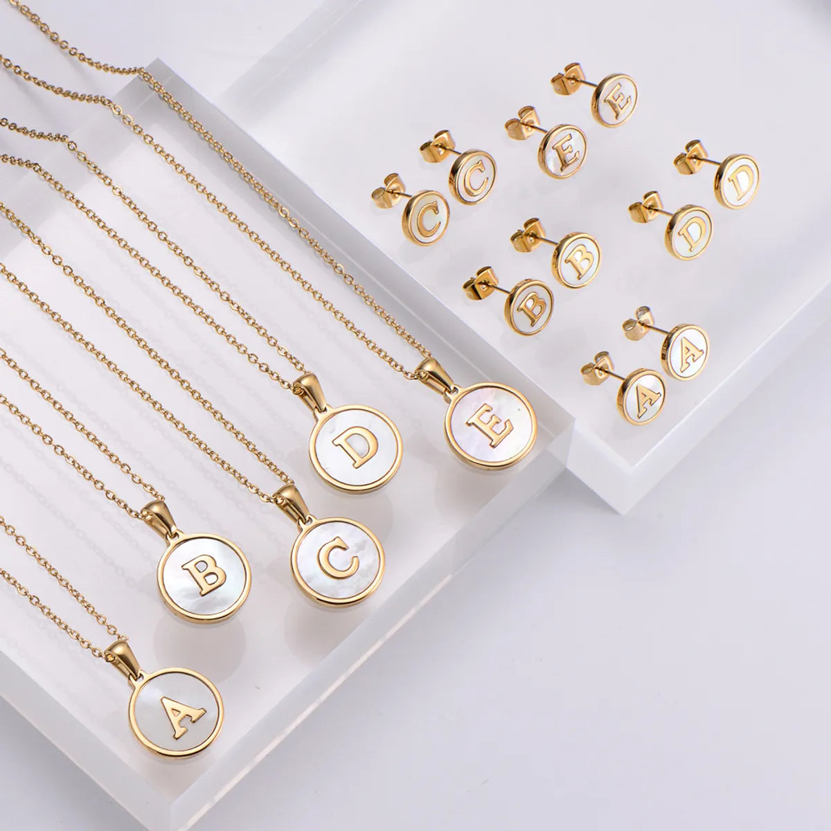 New Simple Stainless Steel Round Inlaid White Shell Letter Earrings Pendant Necklace Set