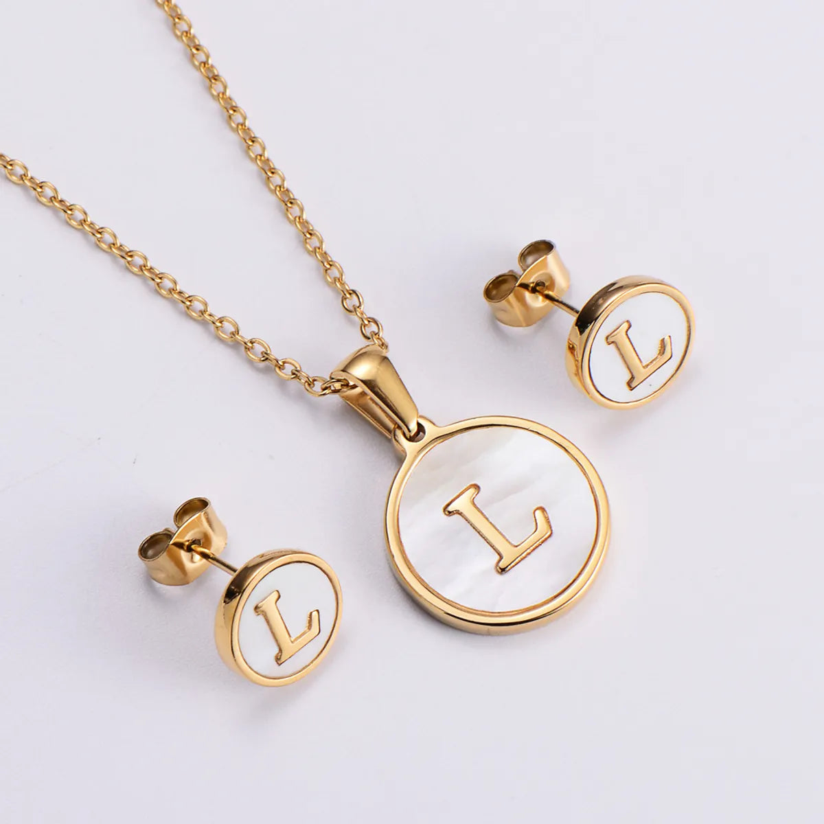 New Simple Stainless Steel Round Inlaid White Shell Letter Earrings Pendant Necklace Set