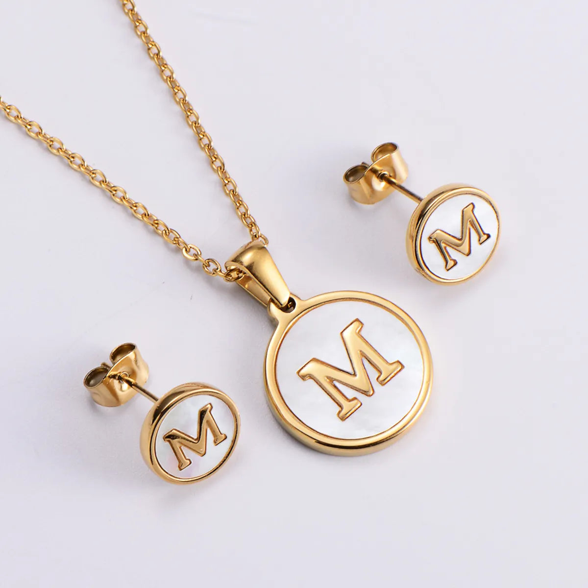 New Simple Stainless Steel Round Inlaid White Shell Letter Earrings Pendant Necklace Set