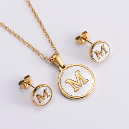 New Simple Stainless Steel Round Inlaid White Shell Letter Earrings Pendant Necklace Set