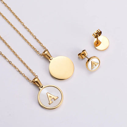 New Simple Stainless Steel Round Inlaid White Shell Letter Earrings Pendant Necklace Set