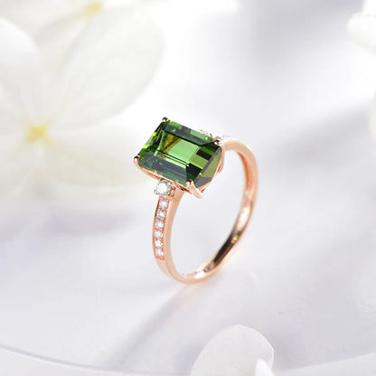 New Simulation Green Tourmaline Ring Plated 18k Rose Gold Inlaid Emerald Open Ring Female