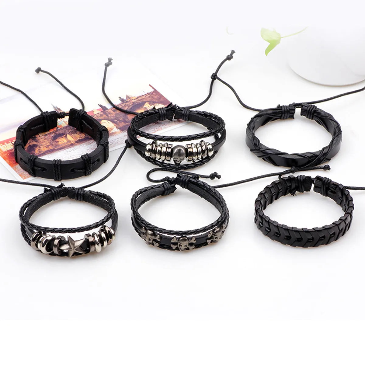 New Six-Piece Real Cowhide Bracelet Skull Set Men'S Woven Bracelet Set Wholesale