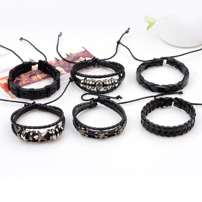 New Six-Piece Real Cowhide Bracelet Skull Set Men'S Woven Bracelet Set Wholesale