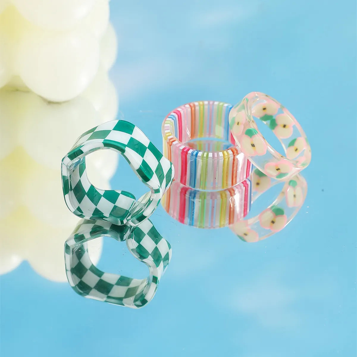 New Small Fresh Checkerboard Resin Trend Personality Sweet Ring Three-piece Set