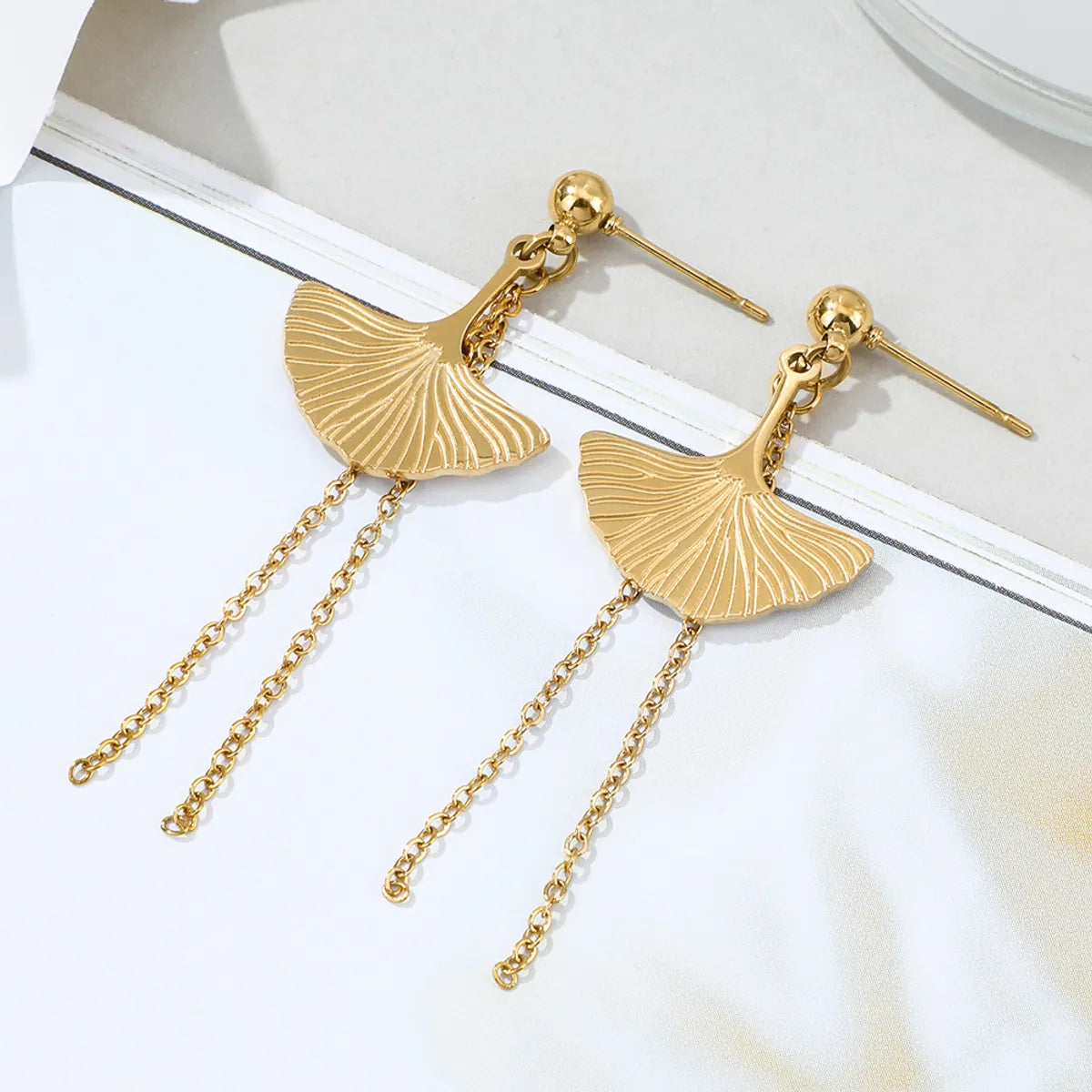 New Stainless Steel Fan-shaped Tassel Earrings Fashion Golden Leaf Long Earrings