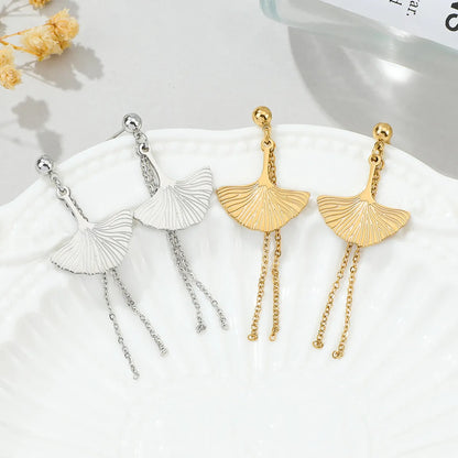 New Stainless Steel Fan-shaped Tassel Earrings Fashion Golden Leaf Long Earrings