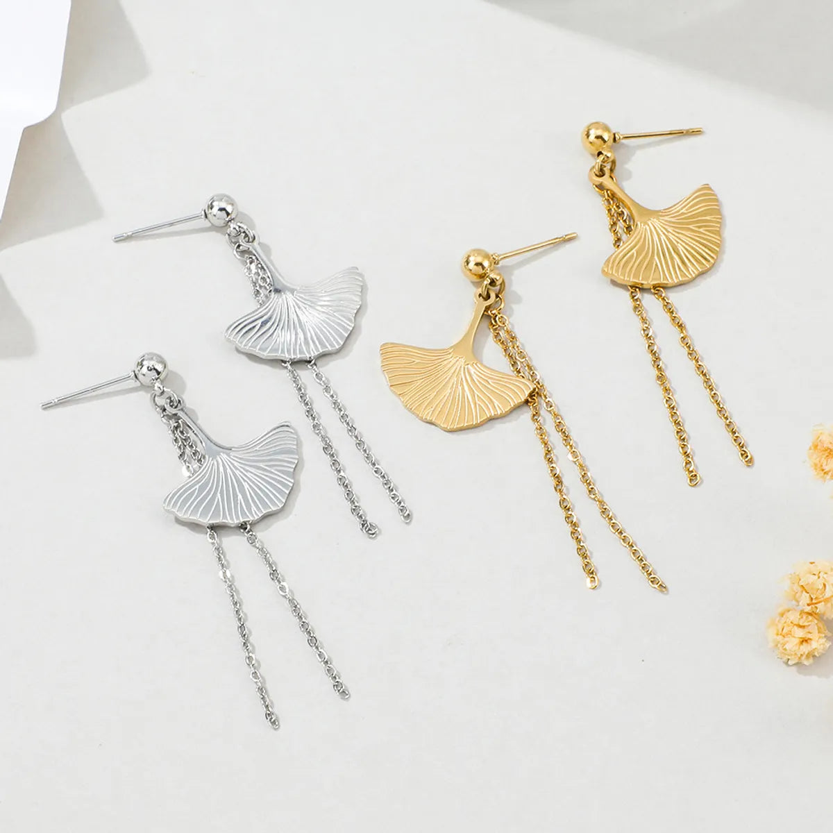 New Stainless Steel Fan-shaped Tassel Earrings Fashion Golden Leaf Long Earrings