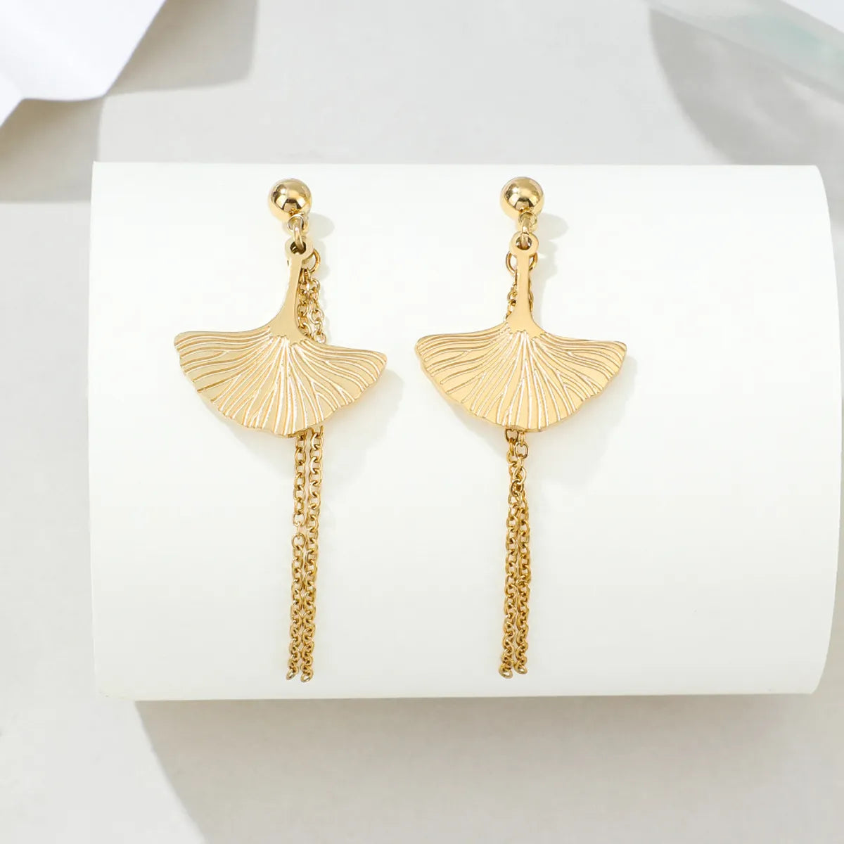 New Stainless Steel Fan-shaped Tassel Earrings Fashion Golden Leaf Long Earrings