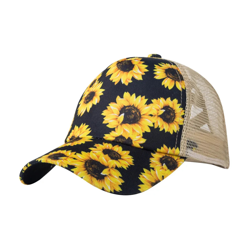 New Style Baseball Cap Men And Women Fashion Print Sunflower Mesh Hat