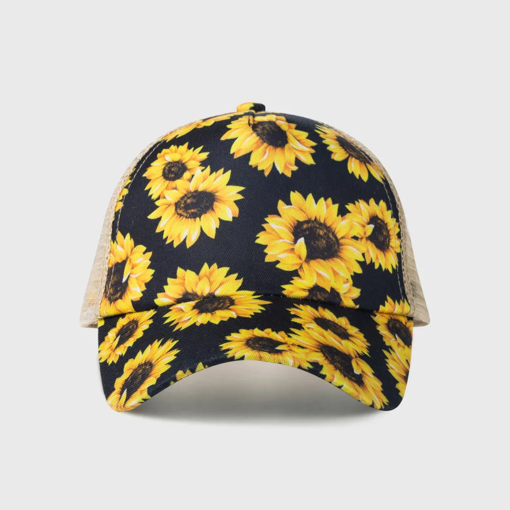 New Style Baseball Cap Men And Women Fashion Print Sunflower Mesh Hat