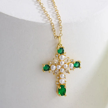 New Style Copper 18k Gold Plating Zircon Pearl Cross Pendant Necklace