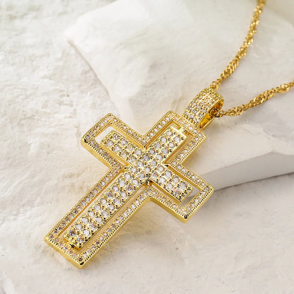 New Style Copper 18k Gold Plating Zircon Pearl Cross Pendant Necklace