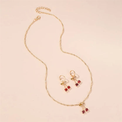 New Style Hot Wedding Dinner Jewelry Temperament Pomegranate Red Cherry Necklace Girl's Simple Wild Crystal Earrings Wholesale Gooddiy