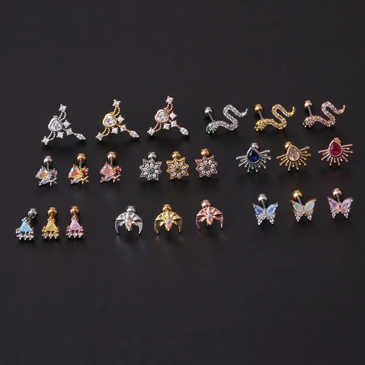 New Style Stainless Steel Thin Rod Colorful Zircon Ear Bone Nails