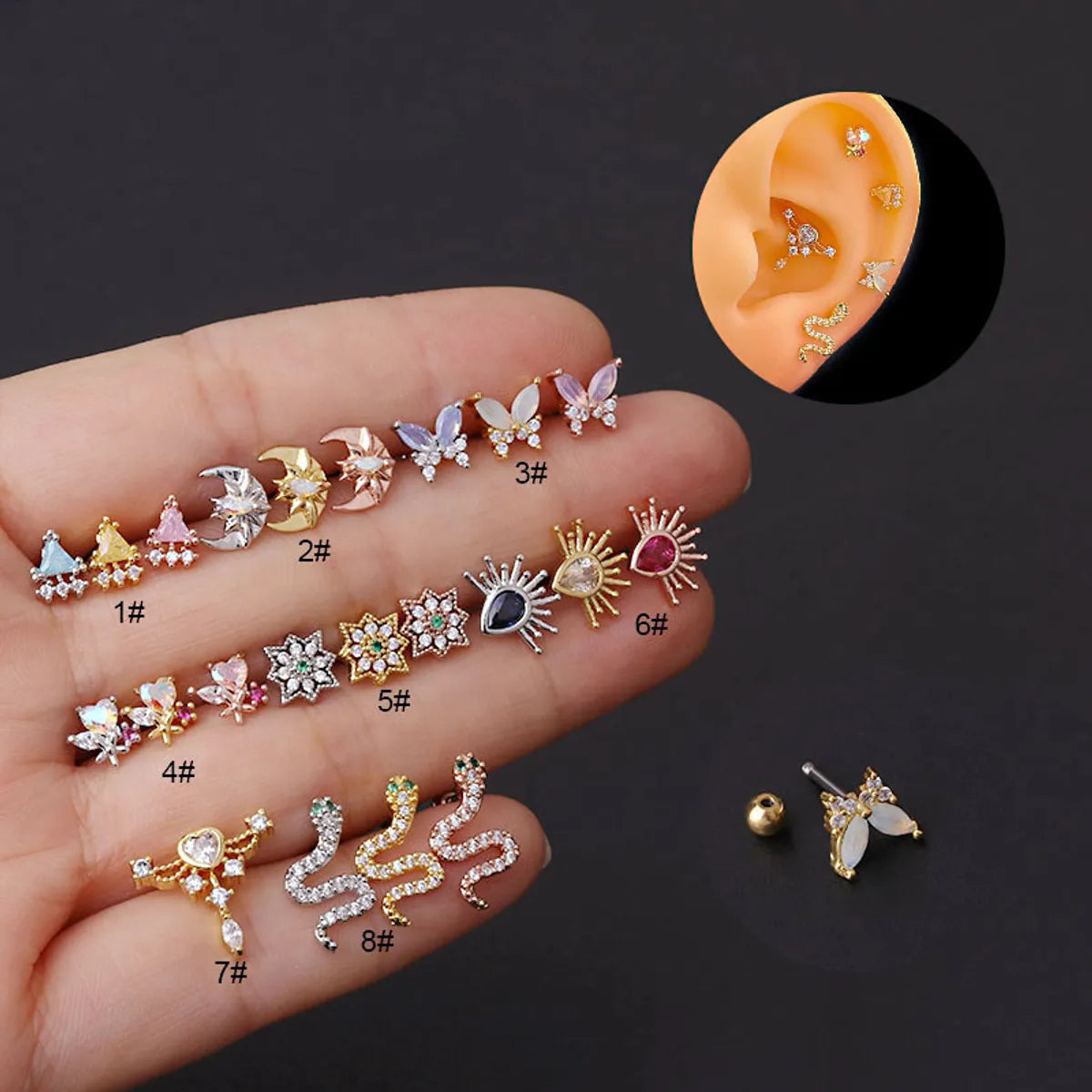 New Style Stainless Steel Thin Rod Colorful Zircon Ear Bone Nails