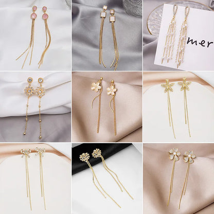 New Tassel Diamond-Studded Butterfly Flower Pearl Fashion Long Thin Alloy Earrings