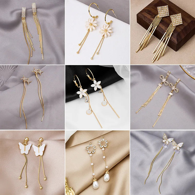 New Tassel Diamond-Studded Butterfly Flower Pearl Fashion Long Thin Alloy Earrings