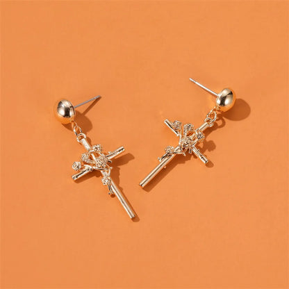 New Three-dimensional Embossed Rose Retro Elegant Cross Earrings Wholesale